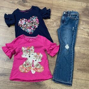 Girls Navy Floral Heart & Pink Fox Ruffle Sleeve Tops with Old Navy Jeans